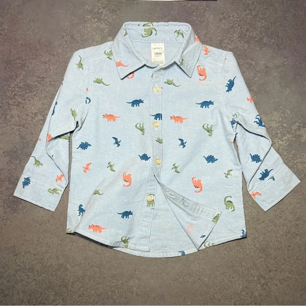 Carter’s Dinosaur Print Button Up Shirt 18M Blue Long Sleeve Toddler Boy